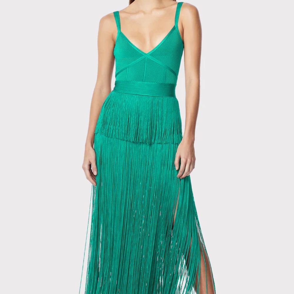 Herve Leger Strappy Ottoman Fringe Gown in Jade Green